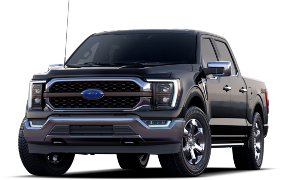 A sleek black Ford F-150 truck with chrome accents and large wheels is shown from a frontal angle, conveying strength and modern design.