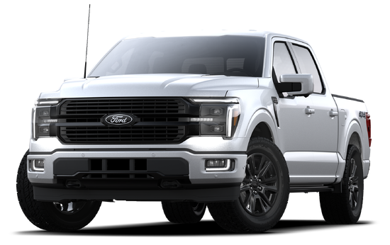 A sleek, white pickup truck with a bold black grille and Ford logo, viewed from the front. It conveys strength and modernity.